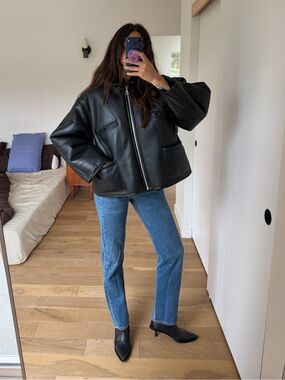 CAWLEY STUDIO LEATHER BACK SHEEPSKIN FLYING JACKET IN BLACK